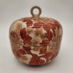 Oriental Ceramic Crackle‎ Glaze Bowl w/Lid Orange Leaves Peach Flowers Gold Trim